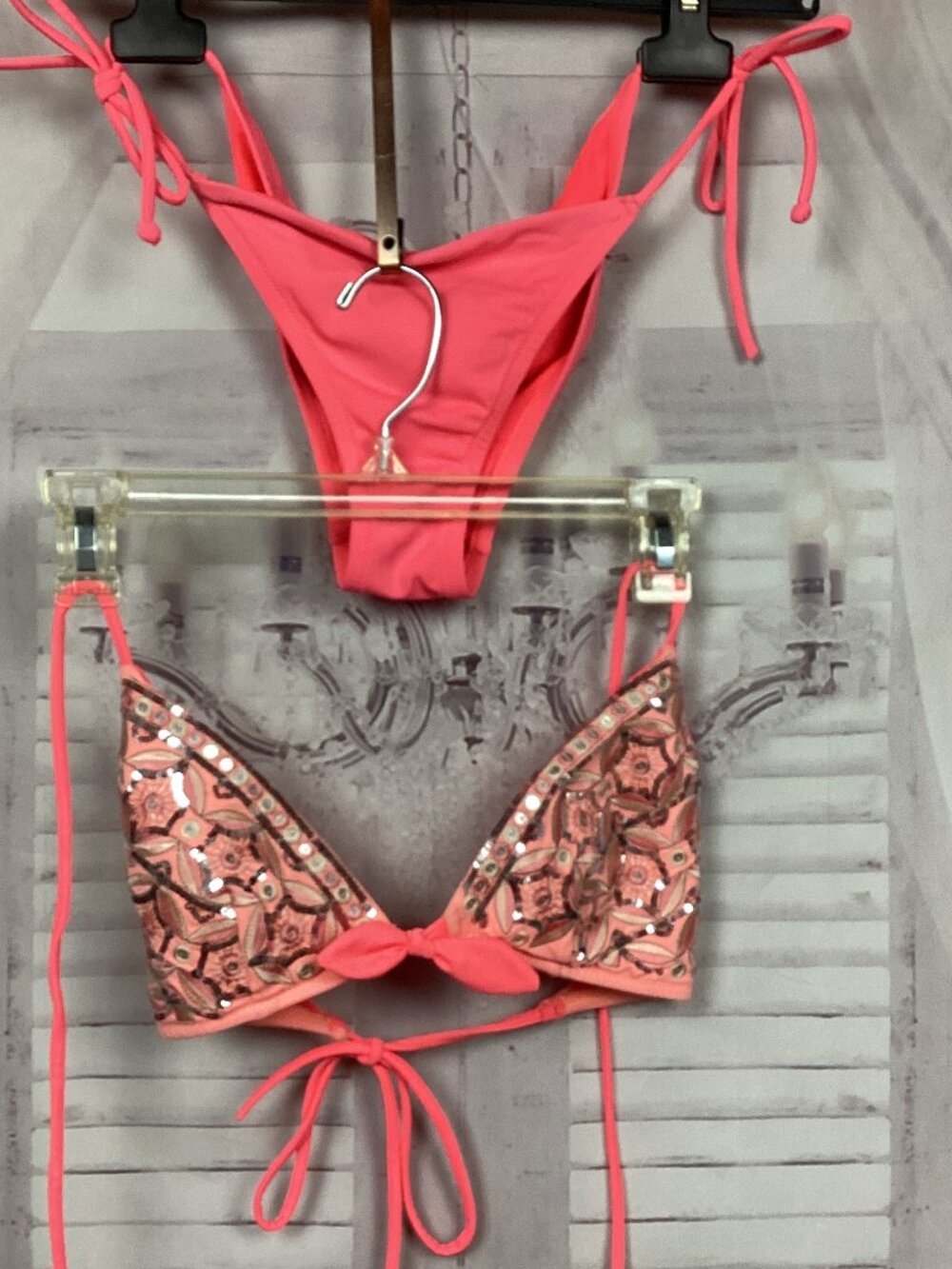 Victoria Secret Sequin Bikini Neon Pink String Tie S